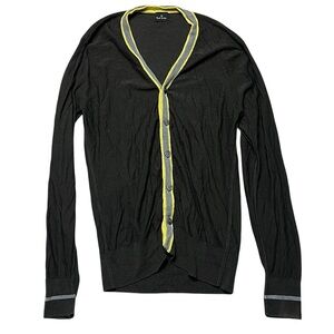 Paul Smith 100% Merino Wool Gray Cardigan Signature Yellow Trim Button Front